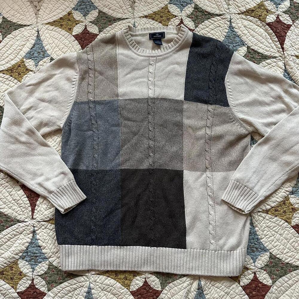 Vintage 90s cream patchwork chunky cable knit cottagecore grandpa sweater